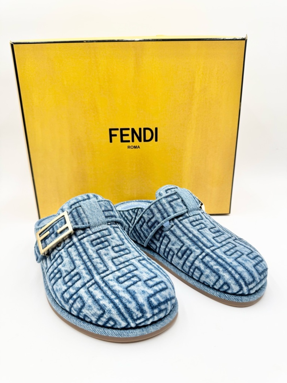 Fendi Denim Jacquard FF Mules - 36